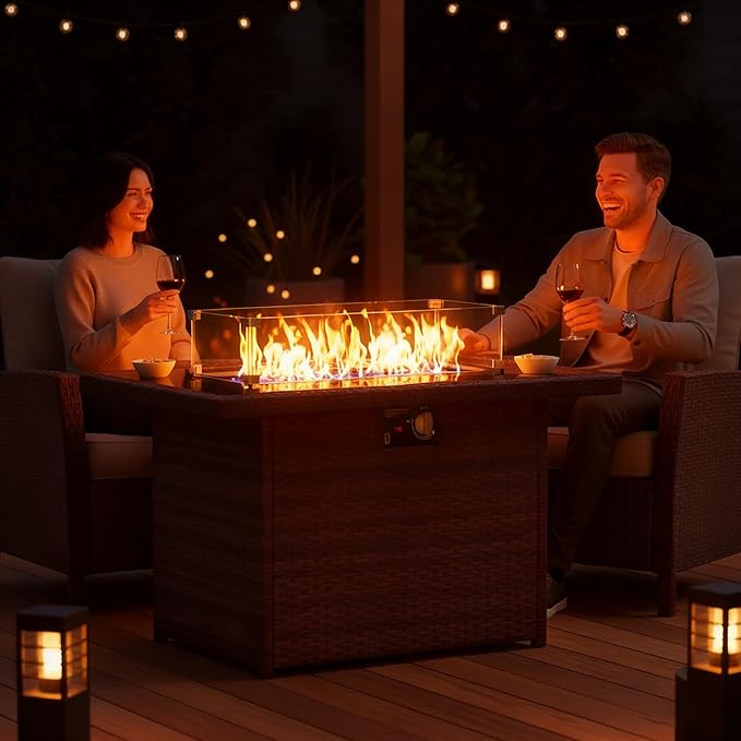 Propane Fire Pit Table, 44" Outdoor Gas Fire Pit with Glass Wind Guard & Waterproof Cover