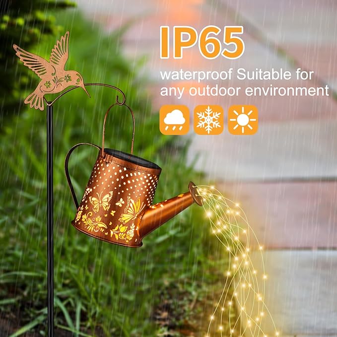 Outdoor Hanging Solar Lantern Waterproof Set Outside Metal Openwork Butterfly watering can Landscape Lights for Garden Yard Patio Pathway Decor Birthday Gifts for Women Mom Grandma -With Floor Pole