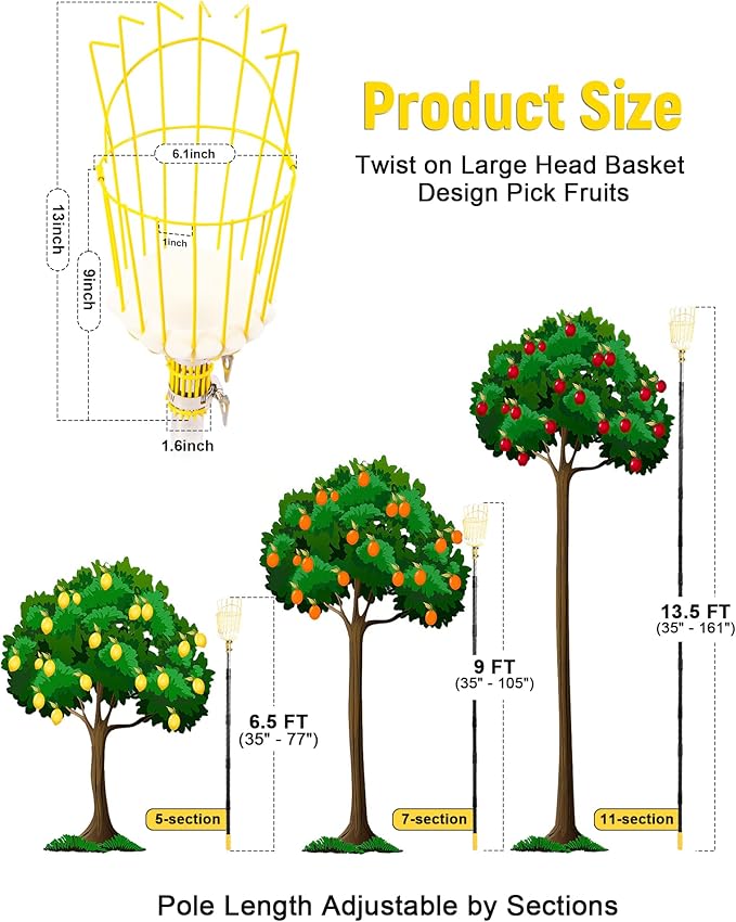 13.5FT Fruit Picker with Basket, Apple Picking Tool 35–161" Adjustable Pole, Long-Handle Mango Grabber, Tree Fruit Catcher for Harvesting Lemon Pear Orange Avocado Peach Citrus Grapefruit