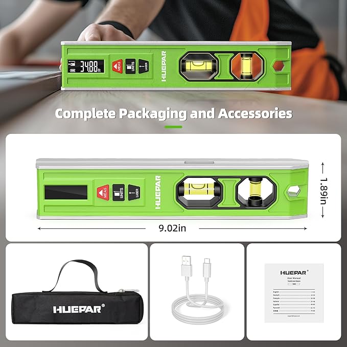 Huepar 3-in-1 Laser Level /65Ft Laser Distance Measure/Magnetic Torpedo Level, 9 in Spirit Level with LED Display and Lighted Bubble, Type C Rechargeable Magnetic Laser Leveler Tool - VJ10