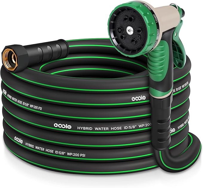Garden Hose 25ft with 10 Function Nozzle, NON-EXPANDABLE Flexible Water Hose, Kink Resistant Lightweight Hybrid Hose, Leakproof Hose Male to Female Fittings