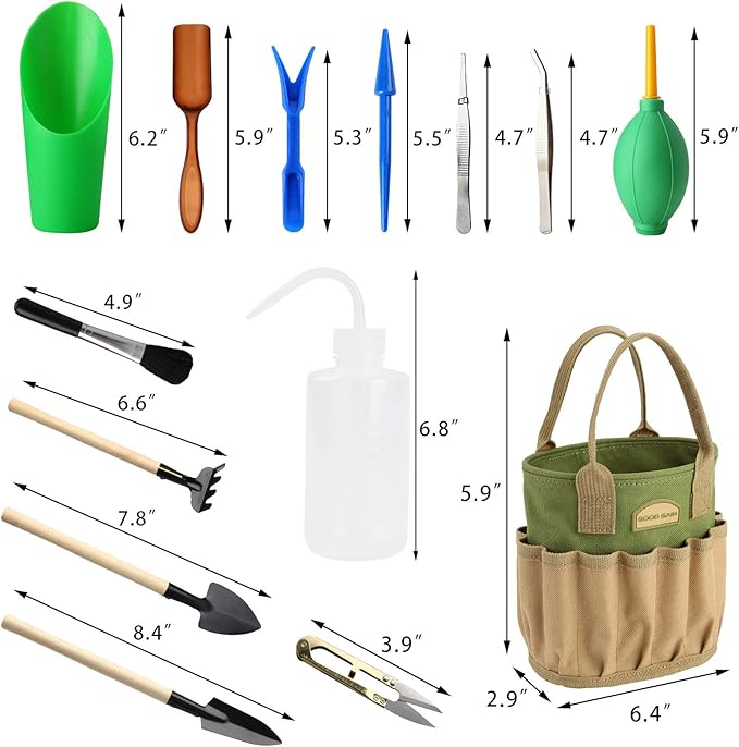 13 Pieces Succulent Tools Kit with Organizer Bag, Gardening Tool Set with Tote,Mini Succulent Garden Tool Kit Succulent Bonsai Planter Set Indoor Gardening,Miniature Indoor Fairy Planting Care Green
