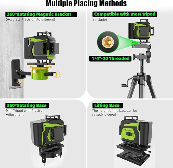 16 Line Laser Level 360 Self Leveling,Professional 4x360°Green Cross Line laser Level Tool for Construction and Picture Hanging,lazer leveler tool with 2 Batteries,Magnetic Bracket & Remote Control
