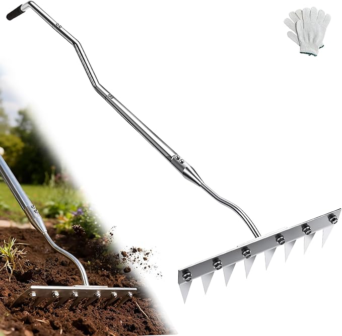 Weeding Rake w 45’’ Ergonomic Curved Handle, 2026 Upgraded 8 Teeth Stainless Steel Weed Puller Tool w Weeding Blade, Cultivator Rake Gardening Tools for Yard, Flower Beds & Loosening Soil