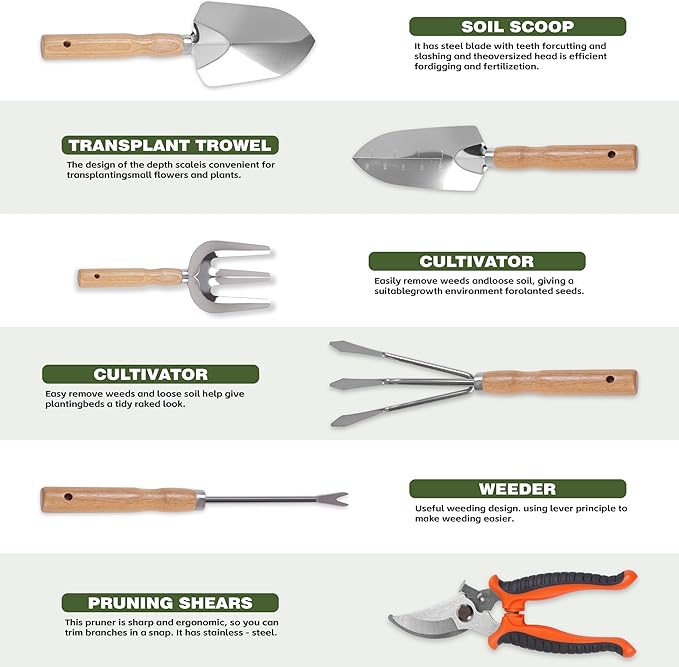 8 Piece Stainless Steel Gardening Tool Set - 17 Tine Heavy Duty Rake, 5 Piece Hand Tool Kit, Pruning Shears, and Gloves - All Season Gardening Essentials