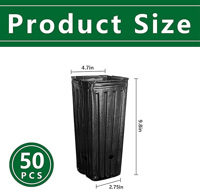 RunNico 50pcs Plastic Deep Plant Nursery Pots, 9.8”Tall Tree Pots,Black Deep Seedling Container Pots with Drainage Holes for Indoor Outdoor Gardening (4.7" Wx9.8 H)