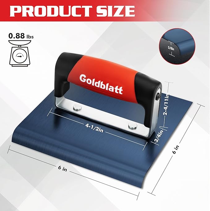 Goldblatt Concrete Tools, Concrete Edger, 6" x 6" Blue Steel Edger (1/2"R, 5/8"D), Durable High Carbon Steel Concrete Finishing Tools - Masonry Hand Tool with Soft Grip, Sturdy Steel Mounting