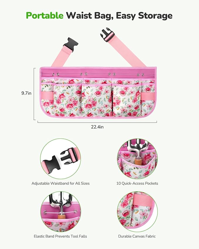 All-in-One Garden Tool Set with Tools Organizer Belt Adjustable, 10-Piece Gardening Hand Tools, Long Lasting Rust-Proof Premium Garden Tool Kit, Gardening Gift for Women Men (Pink)