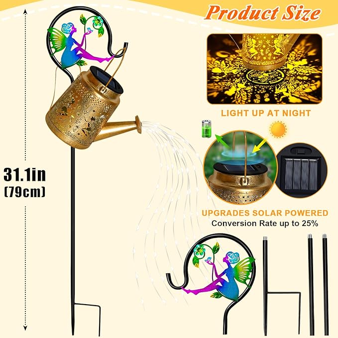 Christmas Gifts Solar Watering Can Lights Outdoor Garden Decor, Large Fairy Hanging Lantern with Shepherd Hook, Waterproof Garden Lights for Outdoor Yard, Gifts for Mom Grandma Mothers Day