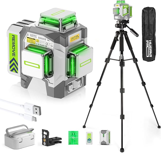 Laser Level 360 Self Leveling with 50inch Tripod, Huepar Pro 3 x 360° High Brightness Green Laser Leveler Tool for Construction, Tile and Picture Hanging, 8000mAh Li-ion Battery & Magnetic Bracket