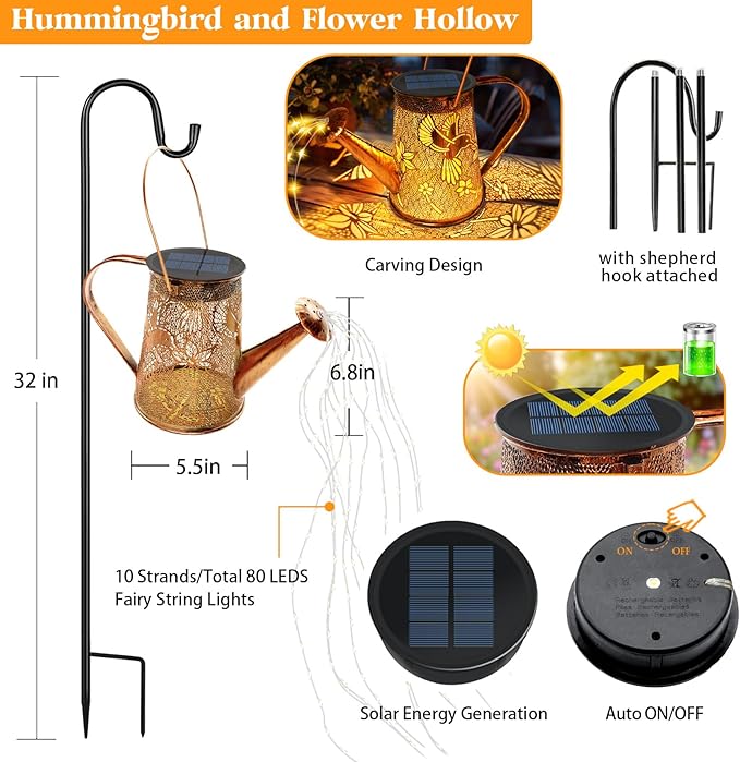Solar Watering Can Lights,Hummingbird Gifts for Women Mom Grandma Birthday, Large Hanging Solar Lantern Waterproof Outdoor Garden Decorations for Yard Porch Landscape Patio Pathway