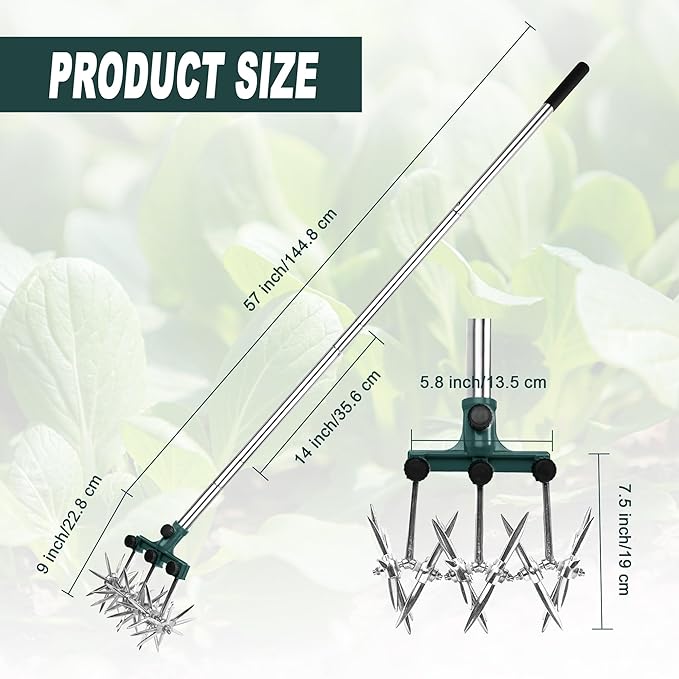 Rotary Cultivator Garden Rotary Tiller Adjustable Stainless Steel Poles Hand Tiller for Soil Mixing or Reseeding Grass Lawn Tiller Total Length 57 Inch