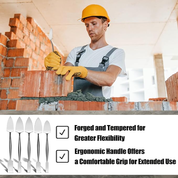 5 Pcs 1'' 3/8" 1/2" 5/8" 3/4" Trowel and Square Masonry Tools Forged Steel Trowel Concrete Tool Ornamental Stucco Masonry Plaster Spatula for Glazing, Patch Work, Plaster, and Archeology