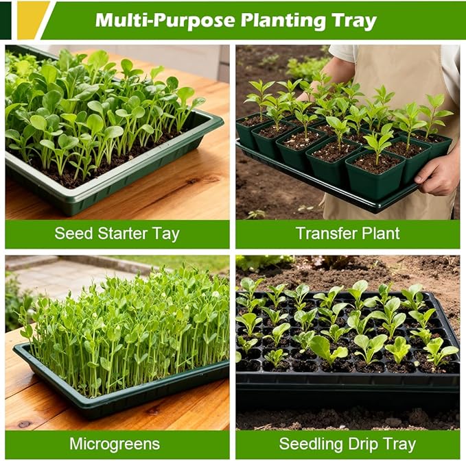 10 Pack Shallow 1020 Trays No Holes - Reusable 1.6" Deep Nursery Flats for 72/128 Cell Plug Tray, Heavy Duty Seed Starter Trays for Microgreens, Hydroponics & Seed Germination (Dark Green)