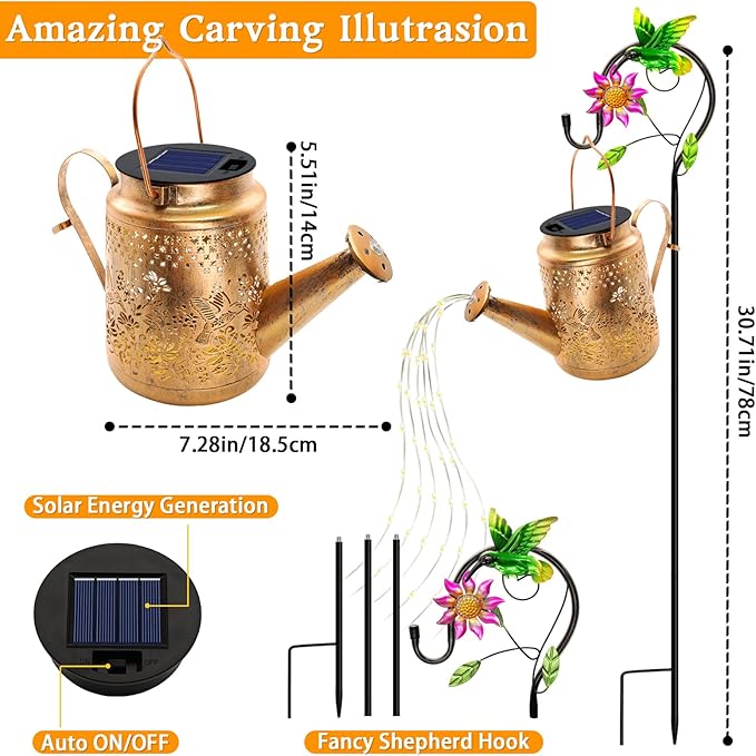 Solar Lanterns Outdoor Waterproof, Hummingbird Flower Watering Can Garden Decor, Hanging lights Path Lights Yard Patio Decorations Gardening Birthday Gift for Mom Grandma Girlfriend with Shepherd Hook