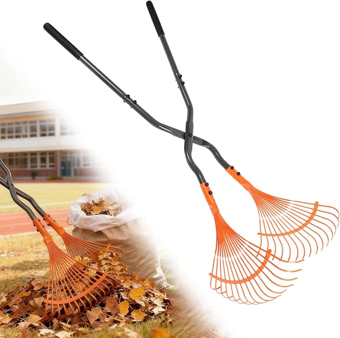 Leaf Grabber Rake with Long Handle, Black and Orange, Heavy-Duty Garden Lawn Cleanup Tool