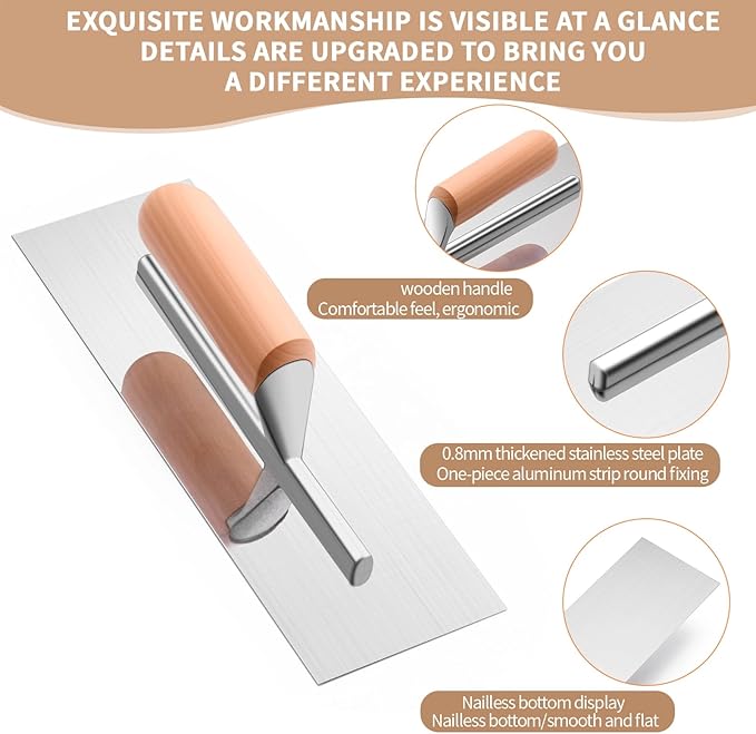 Lasnten 3 Piece Drywall Trowel, Stainless Steel Finishing Masonry Trowel Set Includes 14" x 4", 12" x 4", 8" x 3", Lightweight Wooden Handle, for Pool Concrete Cement Plastering Tool(Square Head)