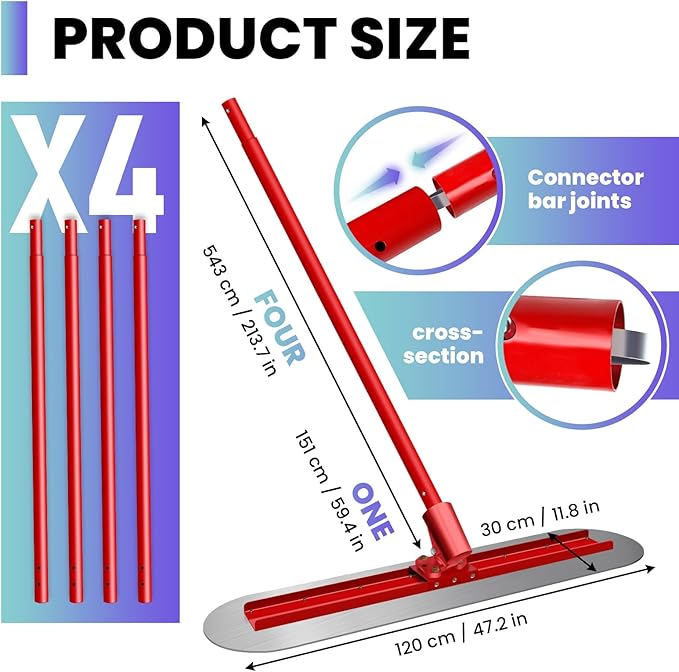 48"x 12"Fresno Concrete Trowel, Concrete Bull Float Finishing Tools Round End Stainless Steel Trowel Board with Extension Rod Concrete Finishing Tools Kit