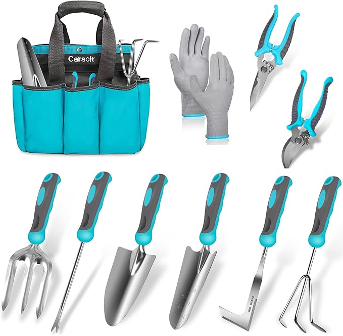 Gardening Tools, Carsolt 10 Piece Heavy Duty Stainless Steel Garden Tools Set with Ergonomic Rubber Handle. Variety of Gardening Hand Tools with Gift Box Ideal Garden Gifts for Women