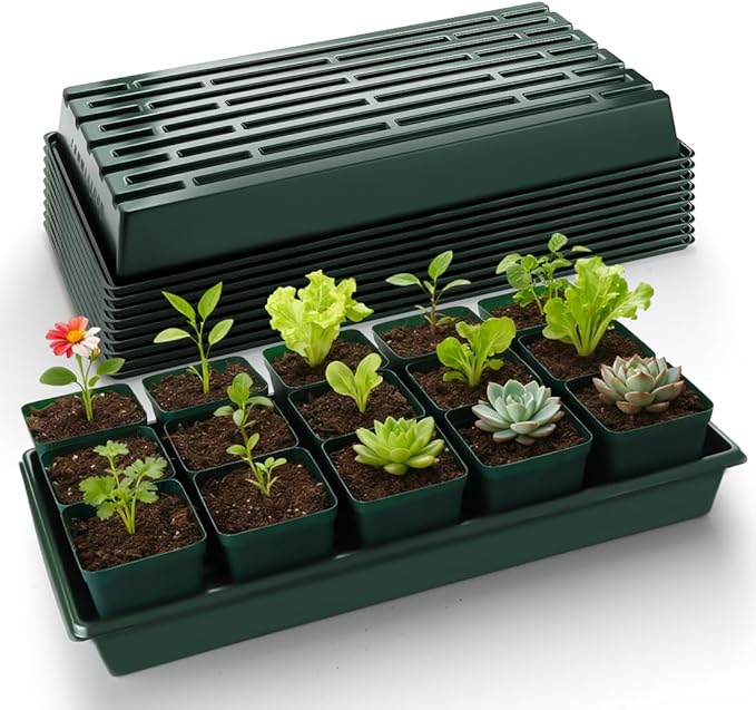 10 Pack 1020 Trays No Holes-Reusable Nursery Flats for 50/72 Cell Plug Tray, Heavy Duty Seed Starter Trays for Transplant, Seed Starting, Plant Propagation & Seed Germination (Dark Green)