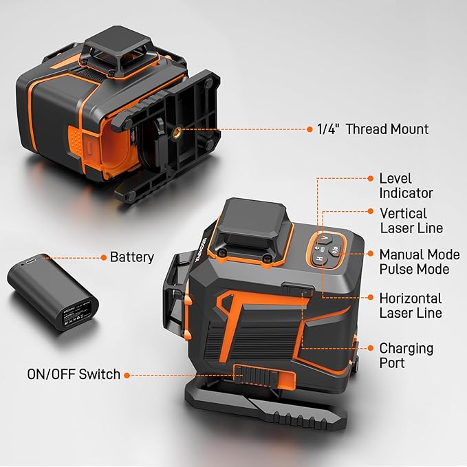 Laser Level 360 Self Leveling Green Light Laser Level Tool Wall Mount Base Bracket 100ft Nivel Laser Rechargeable Battery Receiver for Outdoor Use,4D 4x360