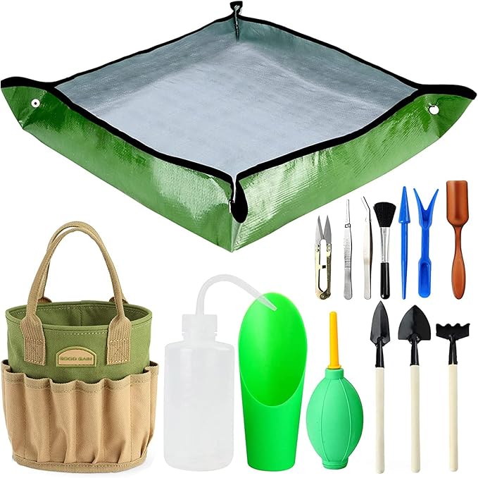 13 Pieces Succulent Tools Kit with Organizer Bag, Gardening Tool Set with Tote,Mini Succulent Garden Tool Kit Succulent Bonsai Planter Set Indoor Gardening,Miniature Indoor Fairy Planting Care Green