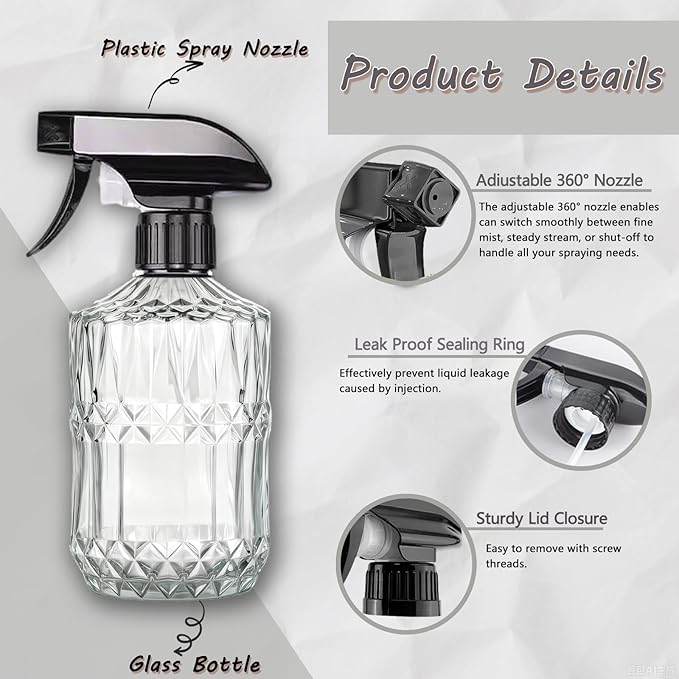 Glass Handheld Spray Bottle, 15oz Refillable Water Bottle Spray, Reusable Adjustable Nozzle Plant Mister Spray Bottles Indoor, Plant Mister for Hair, Cleaning, Gardening, Pets Care (Clear)