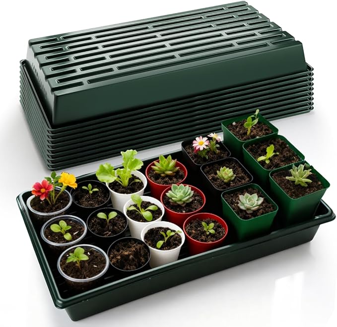 10 Pack 1020 Trays No Holes-Reusable Nursery Flats for 50/72 Cell Plug Tray, Heavy Duty Seed Starter Trays for Transplant, Seed Starting, Plant Propagation & Seed Germination (Dark Green)
