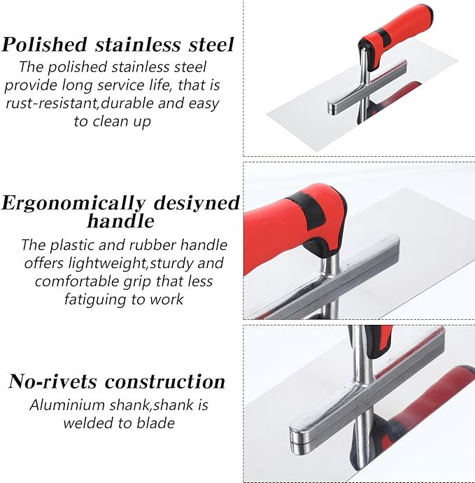 3Pcs Concrete Tools Stainless Steel Flat Finishing Trowel plus Concrete Edger and Groover Stucco Cement Kit Masonry Construction Hand Kit