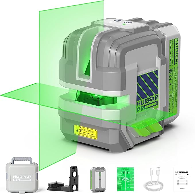 Laser Level Rechargeable, Huepar Pro Self Leveling Green Cross Line Laser Level Tool with Outdoor Pulse Mode, 18-Hour Long Runtime, 360° Magnetic Bracket, for DIY, Construction, Floor Tiles&Decoration