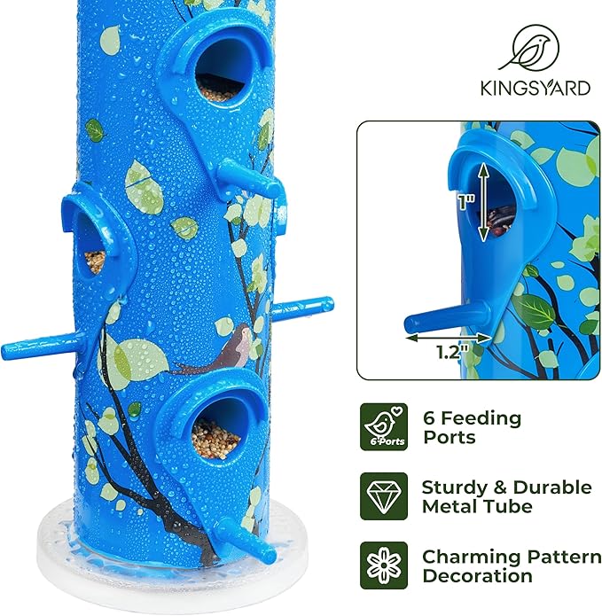 Kingsyard Metal Bird Feeders for Outdoors Hanging, 6-Ports Tube Bird Feeder, 14 inch, Durable & Weatherproof, Large Capacity for Attracting Wild Birds (Blue)