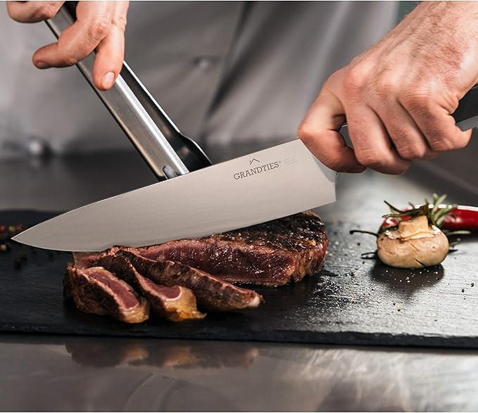 GRANDTIES 7-Piece Professional Kitchen Knife Set with Block, Kitchen Knives Sharpener | High Carbon German Stainless Steel, Ultra Sharp Chef Knife Set, Ergonomic Handle, Paring Knife, Carving