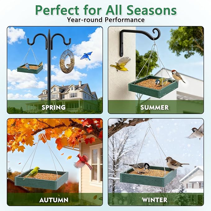 Gtongoko Platform Bird Feeder Hanging, Durable, Recycled Plastic Seed Tray Bird Feeder for Outdoors with Metal Mesh Bottom Large 3.5 lbs Capacity Weather-Resistant for Garden Yard, Green