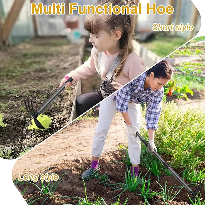 Hoe and Cultivator - 45” Long Handle - Heavy Duty Garden Hoe Tiller, Standing Hoe Garden Tools Durable Cultivator Hoes Hand Rake Fork for Gardening Weeding Planting Loosening Soil