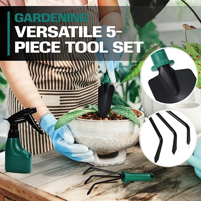 2wayz Garden Tool Set - 5-Piece Durable Gardening Hand Tools - 3x12x7-inch Gardening Kit with Portable Box and Carrying Case - Small Garden Planting and Essentials Tools - Gift for Garden Lovers