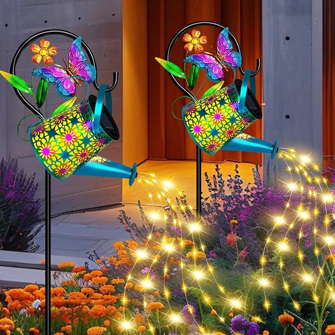 Solar Watering Can with Lights, Waterproof Solar Lantern with Butterfly Shepherd Hook, Hanging Garden Lights for Patio Yard Lawn Porch Outdoor Decoration, Unique Garden Gifts for Women