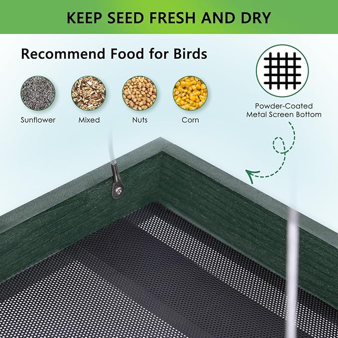 Gtongoko Platform Bird Feeder Hanging, Durable, Recycled Plastic Seed Tray Bird Feeder for Outdoors with Metal Mesh Bottom Large 3.5 lbs Capacity Weather-Resistant for Garden Yard, Green