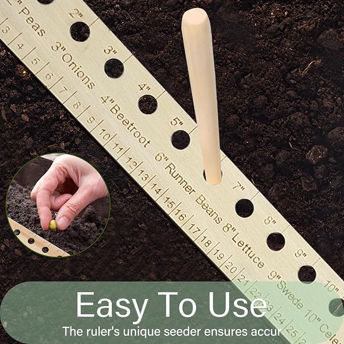 Garden Seed Spacer Planting Ruler, Precision Seed Spacer & Ruler with Holes and Plant Dibber, Wooden Measuring Tool for Seedlings, Vegetable Planting Template