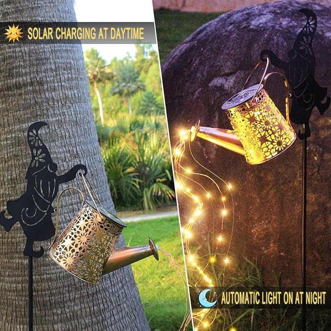 2Pack Solar Watering Can Lights,Waterproof Hollowed-Out Retro Metal Outdoor Lights with Fairy or Gnomes Accessories,Gifts for Mom Grandma Women Garden Patio Pathway Christmas Decor(Dwarf Style)