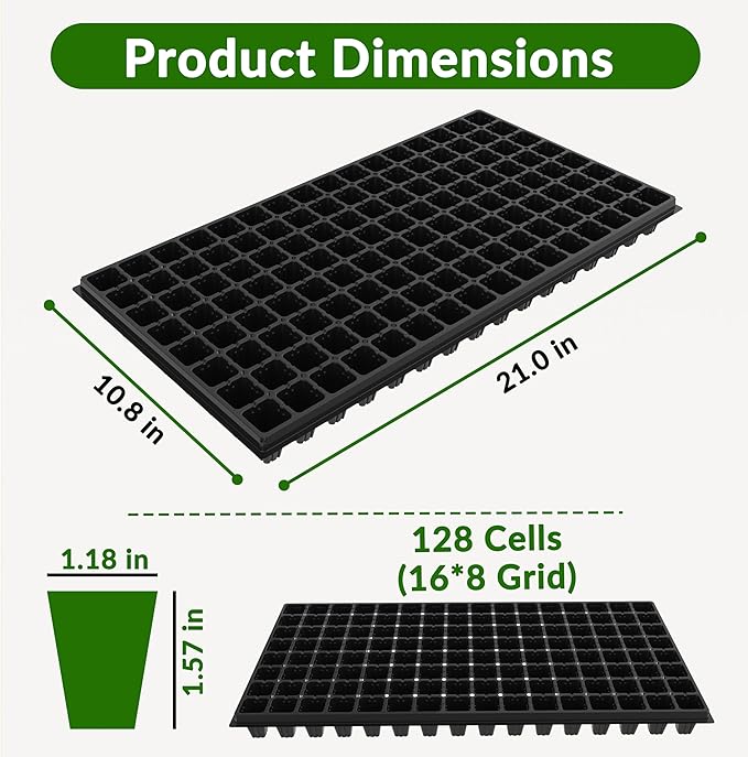 Gardzen 10 Pack 128 Cell Seed Starter Trays, 1.5" Deep Plug Tray for Seedlings, Durable Seedling Trays with Drainage Holes