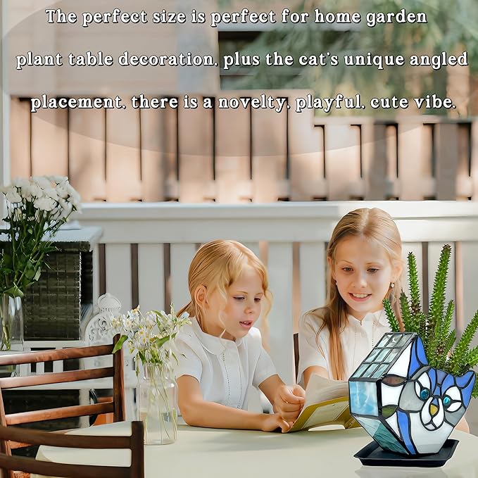 Stained Glass Cat Flower Pot,Cute Pots for Plants,Small Plant Pot with Unique Cat Face Design,Tiltable Terrarium Decoration,4.6x3x5.15 in(Excluding Plants)