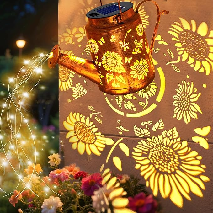 VOOKRY 2 Pack Sunflower Metal Solar Watering Can Lights, Solar Lights Outdoor Waterproof, Birthday Gifts for Women Mom Grandma Christmas, Hanging Lanterns Garden Decor for Outside Yard Patio Lawn