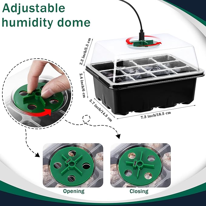 6 Pack Seed Starter Tray Kit with Grow Light and Humidity Dome Germination Trays with 72 Peat Pellets, Plant Labels, Gardening Tools, Plant Growing Trays for Seeds Growing Starting, Black