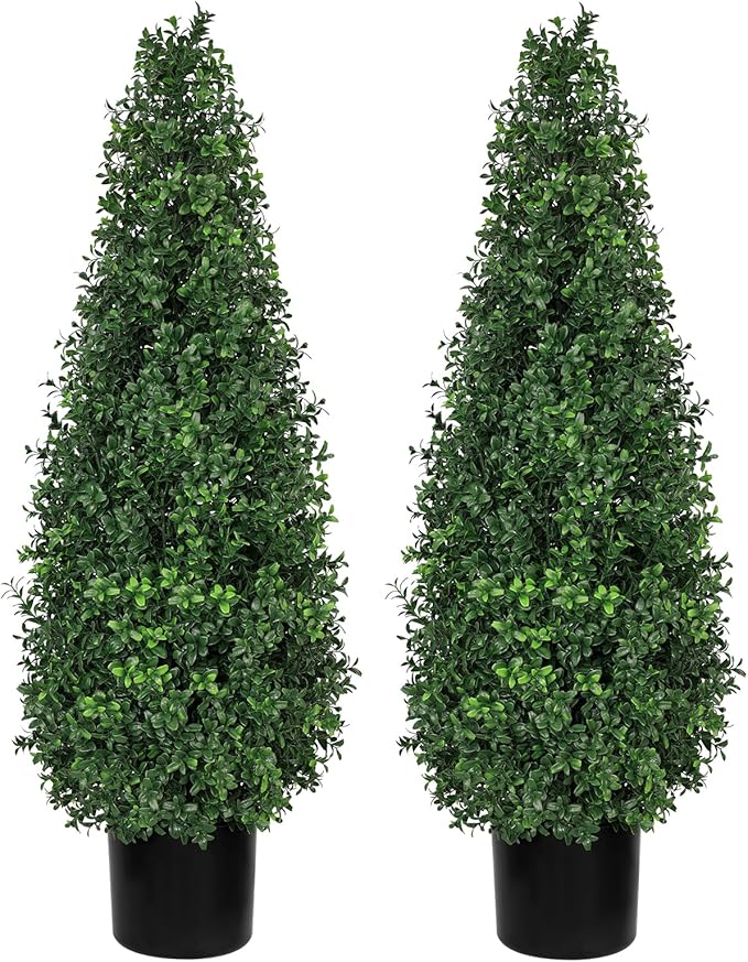 (Set of 2) 36" Artificial Boxwood Cone Topiary Trees - UV Resistant Faux Greenery Pyramid Shrubs for Outdoor Front Porch & Entryway Decor, 2-Section Easy Assembly Potted Plants for Garden & Patio