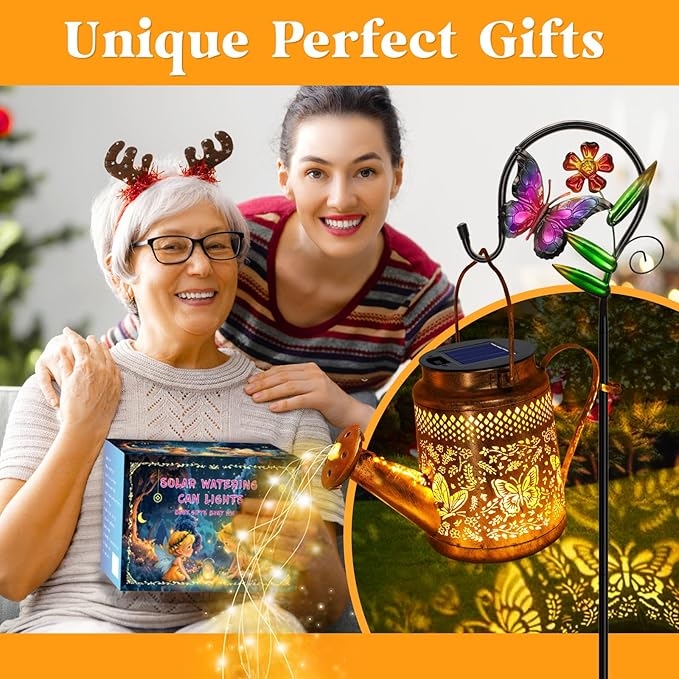 2 Pack Solar Powered Butterfly Watering Can Lights Waterproof Outdoor Decor with Shepherd Hook Hanging Patio Lights for Yard, Garden, Backyard Perfect Gardening Birthday Gift for Women, Mom, Grandma