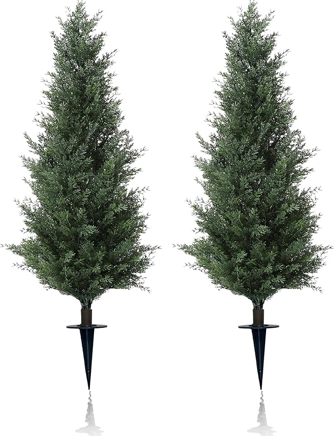 47" Artificial Cypress Topiary Cedar Topiaries for Indoors & Outdoor UV-Resistant Rated with Spike. Easy to Push in The Ground 4FT Home Garden Decor Set of 2