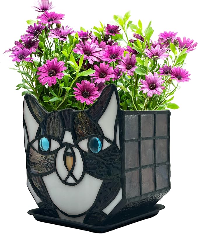 Tiffany Cute Cat Stained Glass Flower Pots,Indoor and Outdoor Plant Displays,Black Cat Plant Planter,Candle Holder Container Decoration 4.6 x 5.15 x 3 inch(Without Succulents)