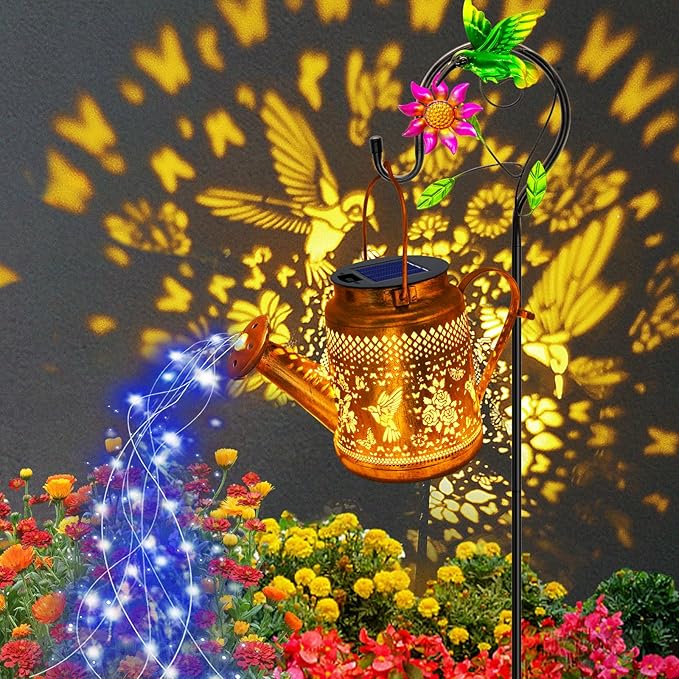 Solar Lanterns Outdoor Waterproof, Hummingbird Watering Can Garden Decor, Hanging Solar Path Lights Yard Art, Outside Patio Decoration Gardening Birthday Gifts for Mom Grandma Women with Shepherd Hook
