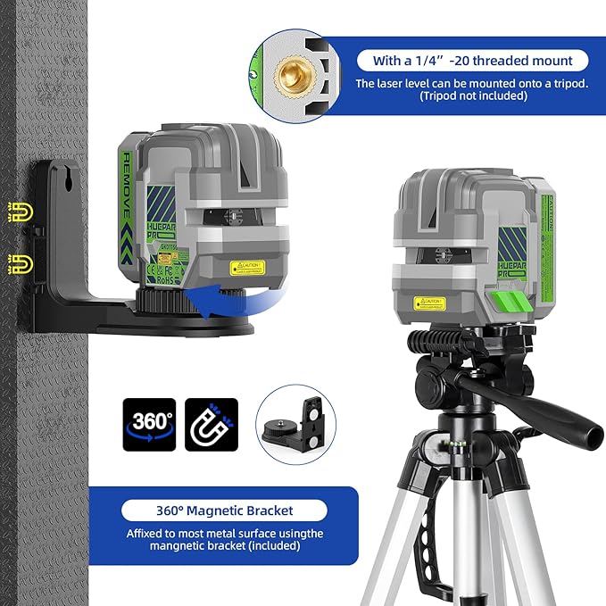 Laser Level Rechargeable, Huepar Pro Self Leveling Green Cross Line Laser Level Tool with Outdoor Pulse Mode, 18-Hour Long Runtime, 360° Magnetic Bracket, for DIY, Construction, Floor Tiles&Decoration