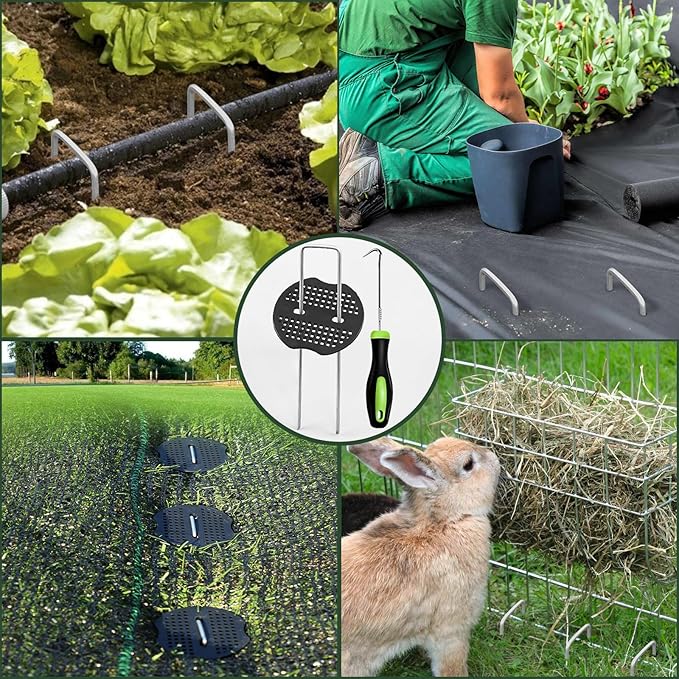 FEED GARDEN 6 Inch 100 Pcs Galvanized Landscape Staples 100 Pcs Gaskets Pick Hook Garden Stakes 11 Gauge Anti-Rust Landscaping Fabric SOD Pins U Shaped Yard Turf Stakes for Weed Barrier Fabric